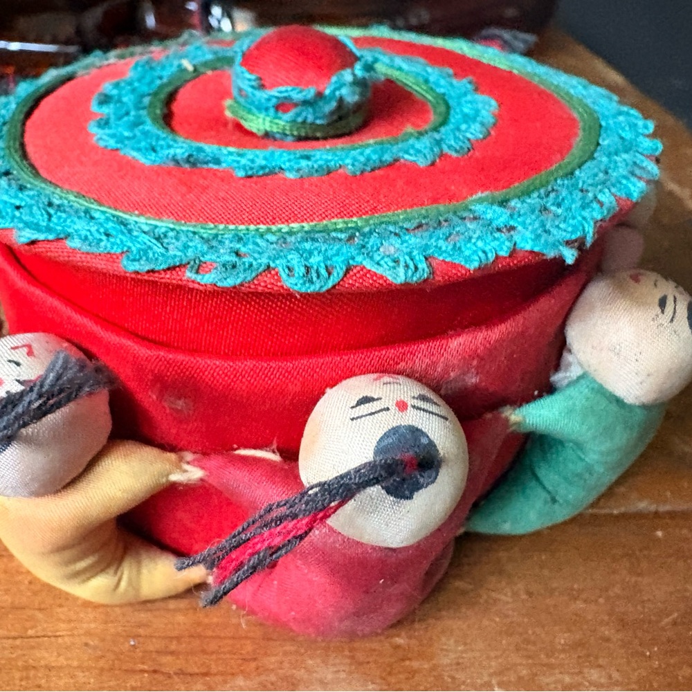 Vintage Red and Teal Chine Sewing Box Fabric with Doll Accents